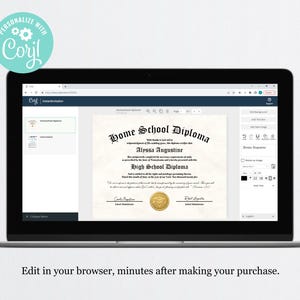 May include: A screenshot of a computer screen showing a website with a customizable diploma template. The diploma is for a Home School Diploma and is titled "Home School Diploma". The diploma is for Alyssa Augustine and is for a High School Diploma. The website has a toolbar with options to add text, images, and other elements to the diploma.