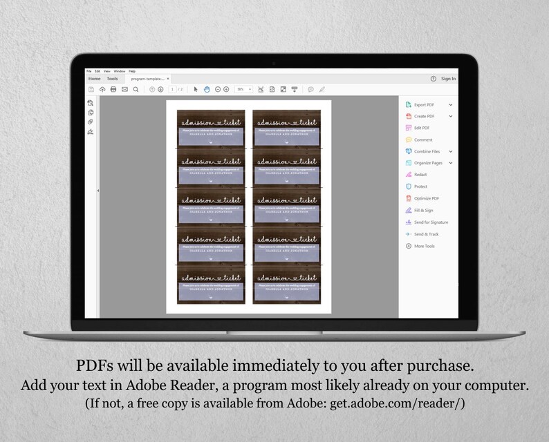 May include: A computer screen displaying a PDF document with a design for printable admission tickets. The tickets have a rustic wood background with the text "admission ticket" in white cursive writing. The document is open in Adobe Acrobat Reader.