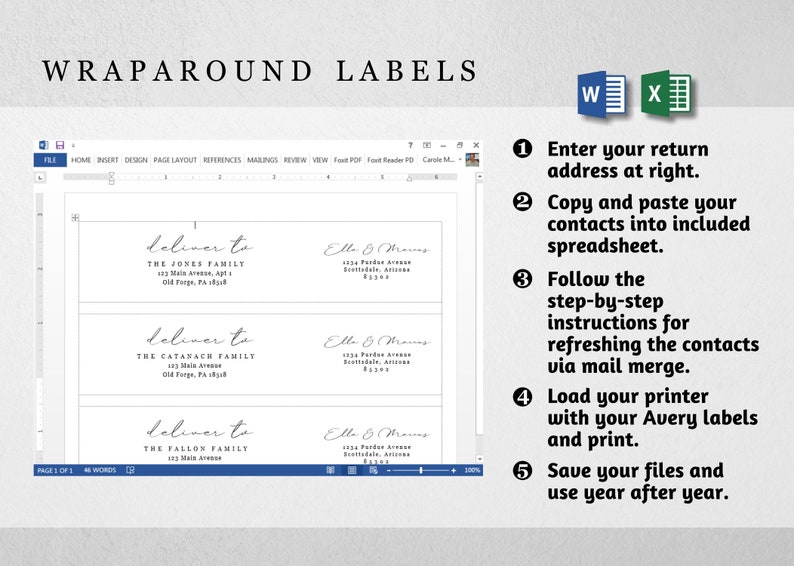 Mail Merge Address Template for Wraparound Labels Microsoft Etsy