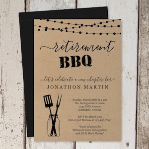 Modèle imprimable d'invitation de barbecue de retraite - partie de barbecue, barbecue - pot de maçon rustique, papier kraft - fichier numérique de téléchargement immédiat PDF