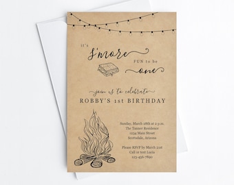 Smore First Birthday Party Invitation Template, Boy Girl Backyard Bonfire Campfire Camping Editable Invite & Evite Instant Download Digital