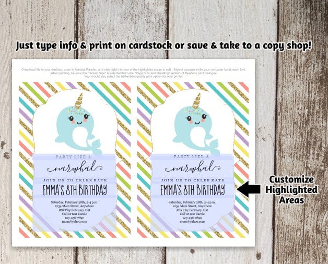 Printable Narwhal Invitation Template Girls Birthday Party - Etsy