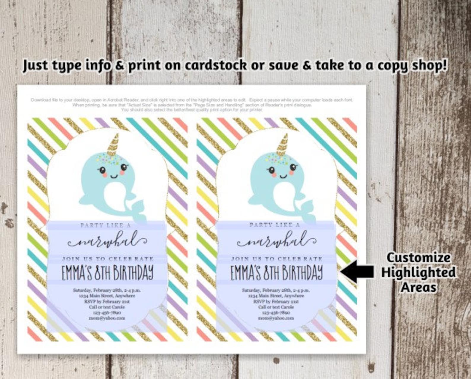 Printable Narwhal Invitation Template Girls Birthday Party - Etsy