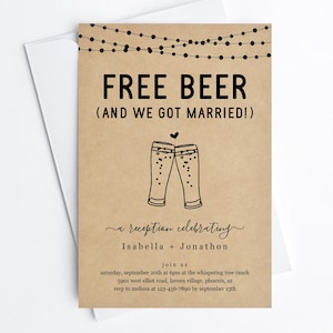 Modello di invito gratuito per solo ricevimento divertente con birra, divertente invito stampabile per ricevimento di nozze al birrificio, download immediato del file digitale PDF