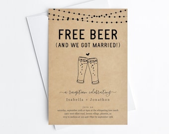 Free Beer Funny Reception Only Invitation Template, Fun Printable Wedding Reception Brewery Invite Evite, Instant Download Digital File PDF