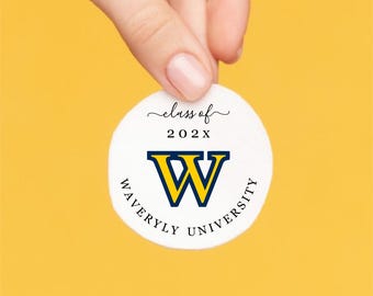 Printable Graduation Sticker Template, Favor Stickers w High School / College Logo, Girl Guy Grad Party 2026 Round Instant Download File