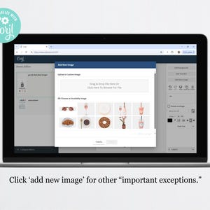 Puede incluir: Una pantalla de computadora port&aacute;til que muestra un sitio web con una secci&oacute;n etiquetada como "Agregar una nueva imagen". La secci&oacute;n tiene un fondo blanco y un borde gris. La secci&oacute;n tiene un cuadro de texto etiquetado como "Cargar una imagen personalizada" y una secci&oacute;n etiquetada como "O elegir una imagen disponible". La secci&oacute;n etiquetada como "O elegir una imagen disponible" tiene una cuadr&iacute;cula de nueve im&aacute;genes. Las im&aacute;genes son de un par de gafas de sol, una copa de champ&aacute;n, un plato de donas, un plato de croissants, un plato de donas, un ramo de flores, una copa de champ&aacute;n, una copa de champ&aacute;n y una copa de champ&aacute;n.