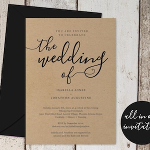 Faire-part de mariage tout en un avec RSVP et registre, sceau imprimable et modèle d'envoi, invitation simple, papier kraft rustique, télécharger le fichier numérique
