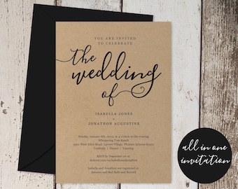 All in One Wedding Invitation w- RSVP and Registry, Printable Seal & Send Template, Simple Invite, Rustic Kraft Paper, Download Digital File