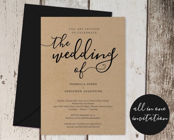 All in One Wedding Invitation W RSVP and Registry Printable Seal