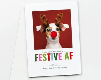 Funny Festive AF Pet Photo Christmas Card Template, Fun Modern Colorful Dog Cat Holiday Card Printable Instant Download Digital File Text