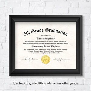 May include: A printable 5th Grade Graduation diploma certificate with a gold seal and the text "This certifies that Alyssa Augustine has completed in a satisfactory manner the course of study as prescribed for kindergarten thru 5th grade by the state of Pennsylvania and is presented with this Elementary School Diploma with all the honors, rights, and privileges thereto pertaining here and elsewhere. Given by Augustine Home School at Waterloo, Pennsylvania, on the twentieth day of May, two thousand twenty-five."