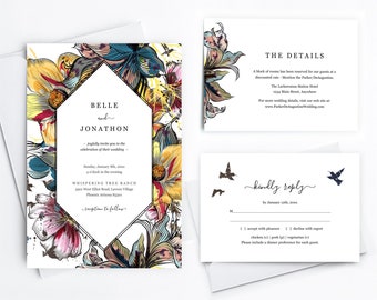 Retro Modern Floral Wedding Invitation Suite Templates, Unique Dramatic Colorful Flower Printable Invite Evite Instant Download Digital File