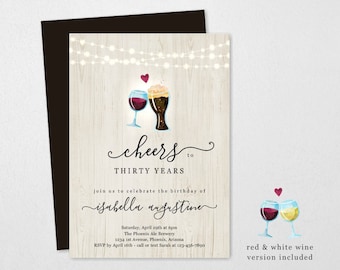 Wine & Brews Birthday Invitation Template, Printable Cheers Beers Party Invite Instant Download Digital File, 30th 30 40th 40 50th 50 Year