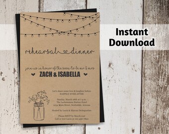 Printable Rehearsal Dinner Invitation Template, Luncheon, Rustic Mason Jar, Kraft Paper, 4x6 5x7 PDF Instant Download Digital File, Printed