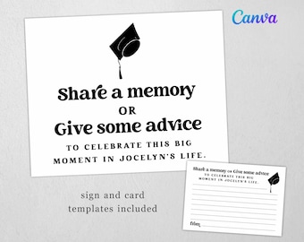 Plantillas personalizadas para carteles y tarjetas de fiesta de graduación con el mensaje "Comparte un recuerdo o da un consejo", edítalas en Canva, descarga instantánea.