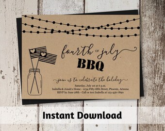 4th of July BBQ Invitation Template - Printable Fourth of July Party Invitation - Rustic Mason Jar,  Kraft Paper - Instant Download File PDF