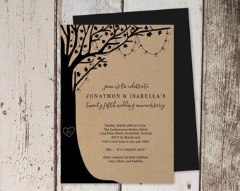 Wedding Anniversary Invitation Template, Rustic Tree, Wood, String Fairy Light, Printable Instant Download Digital File, 25th 30th 40th 50th