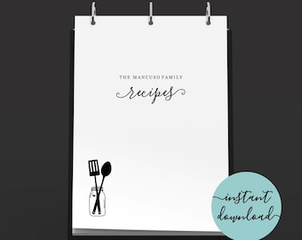 Recipe Template - Editable Recipe Book - Printable Recipe Binder Kit - Black White Recipe Card Page - DIY Instant Download Digital File PDF