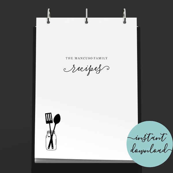 Recipe Template - Editable Recipe Book - Printable Recipe Binder Kit - Black White Recipe Card Page - DIY Instant Download Digital File PDF