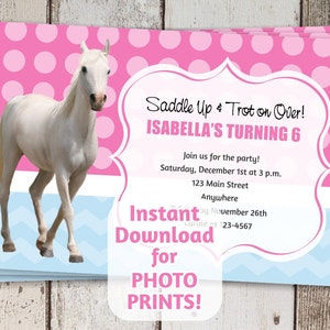 Invitation de fête d'anniversaire de cheval - Téléchargement instantané de fichier numérique - Obtenez des tirages photo / imprimables sur du papier cartonné - Équitation de poney pour filles