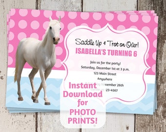 Horse Birthday Party Invitation - Instant digital file download - Get photo prints / printable on card stock - Girls Pony Horseback Riding