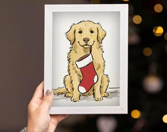 May include: A white rectangular frame containing a digital illustration of a golden retriever dog sitting and holding a red and white Christmas stocking in its mouth. The dog has light golden fur and is depicted against a plain light background.