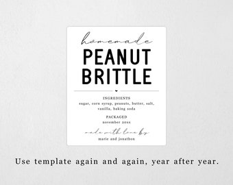 Homemade Peanut Brittle Label Template - Printable Gift Sticker, Personalize Custom Editable PDF Digital File Instant Download DIY