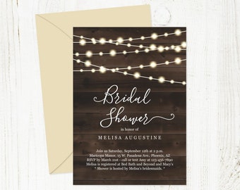 Rustic Bridal Shower Invitation Template - Printable Invite - Twinkle Fairy Lights, Country Chic Wood - Instant Download Digital File PDF