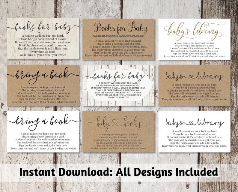 K&ouml;nnte beinhalten: Neun druckbare Karten mit rustikalem braunem Hintergrund und wei&szlig;em Text. Die Karten zeigen verschiedene Designs f&uuml;r eine Babyparty-Buchwunsch. Der Text auf den Karten lautet "B&uuml;cher f&uuml;r Baby", "Bring ein Buch mit" und "Baby-Bibliothek".