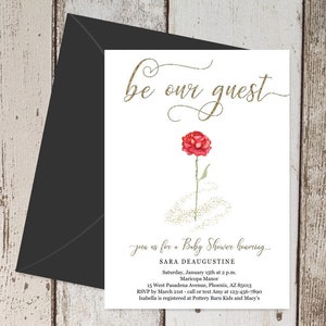 Beauty & the Beast Baby Shower Invitation Template - Printable Girls Fairytale Invite, Red Rose, Gold, Instant Download Digital File PDF