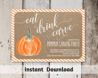 Pumpkin Carving Party Invitation Template - Printable Rustic Pumpkin Party - Halloween Fall - Instant Download Digital File PDF - 5x7