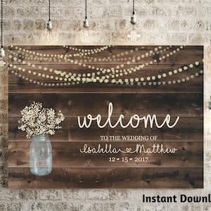 Hochzeit Willkommensschild druckbare Vorlage - rustikale Baby Breath, Einmachglas, Licht, Holz Hintergrund Poster DIY PDF Sofort Download digitale Datei
