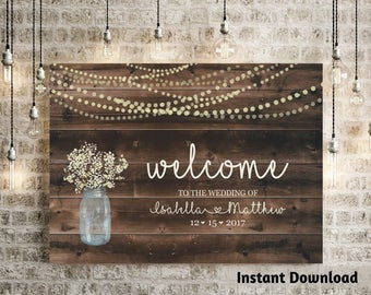 Wedding Welcome Sign Printable Template - Rustic Baby Breath, Mason Jar, Light, Wood Background Poster DIY PDF Instant Download Digital File