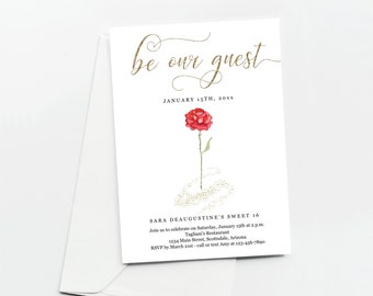 Beauty & the Beast Sweet 16 Invitation Template, Printable Sixteen Be Our Guest Birthday Red Rose Invite, Instant Download Digital File PDF