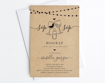 Funny Wine Baby Shower Invitation Template, Printable Sip Sip Hooray Invite Evite, Boy Girl Gender Neutral Instant Download Digital File