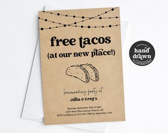 Free Taco Funny Housewarming Party Invitation Template, Printable Fun House Warming Mexican Fiesta Theme Invite Evite Download Digital Kraft
