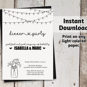 Dinner Party Invitation - Printable Template - Rustic Mason Jar - Kraft ...