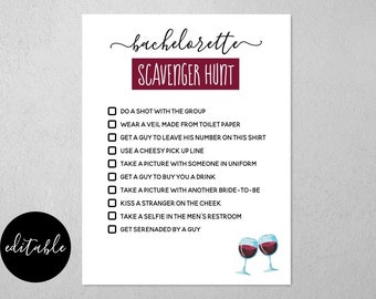 Editable Bachelorette Scavenger Hunt Template, Printable Hen Party Game Card Activity, Wine Theme, Instant Download Digital File PDF