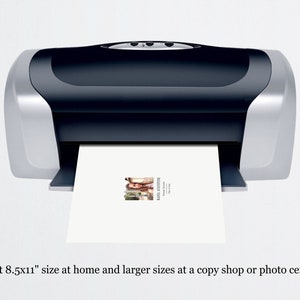 May include: A black and silver printer with a white sheet of paper coming out of the paper tray. The paper has a photo of a group of people on it. The text "Print 8.5x11" size at home and larger sizes at a copy shop or photo center." is below the photo.