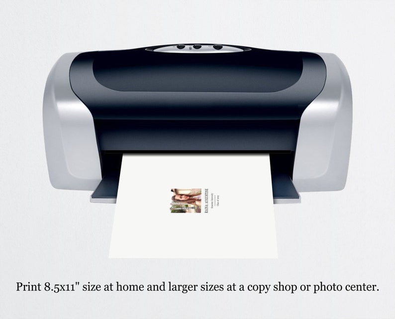 May include: A black and silver printer with a white sheet of paper coming out of the paper tray. The paper has a photo of a group of people on it. The text "Print 8.5x11" size at home and larger sizes at a copy shop or photo center." is below the photo.