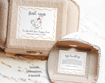Etiquetas e instrucciones de manipulación para cartones de huevos - Juego de 9 (18 en total) Pegatinas personalizadas para huevos frescos de granja - Resistentes al agua y al aceite