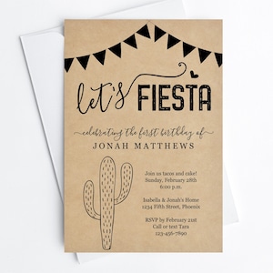 Let's Fiesta Invitation Template - Printable Mexican Theme Birthday Party Invite - 1st, Cactus, Kraft Paper, Instant Download Digital File