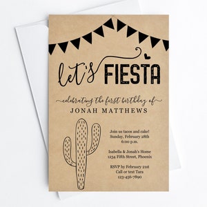 Let's Fiesta Invitation Template - Printable Mexican Theme Birthday Party Invite - 1st, Cactus, Kraft Paper, Instant Download Digital File