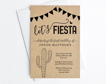 Let's Fiesta Invitation Template - Printable Mexican Theme Birthday Party Invite - 1st, Cactus, Kraft Paper, Instant Download Digital File