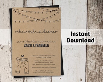 Brewery Rehearsal Dinner Invitation Printable Template - Rustic Beer Toast on Kraft Paper | Editable DIY PDF | Instant Download Digital File