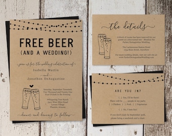 Funny Wedding Invitation Template - Free Beer Fun Brewery Printable Set - Rustic Kraft Paper | Instant Download PDF Suite - Lights