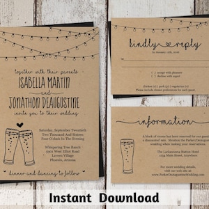 Modello di invito a nozze del birrificio - Set stampabile di toast in vetro da pinta di birra rustica - Carta Kraft / Suite PDF con download istantaneo - Luci a corda