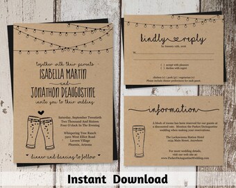 Brewery Wedding Invitation Template - Rustic Beer Pint Glass Toast Printable Set - Kraft Paper | Instant Download PDF Suite - String Lights