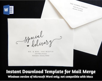 Wedding Address Envelope Template for Microsoft Word Mail Merge - Printable Modern Script Instant Download Digital File A7 - Christmas